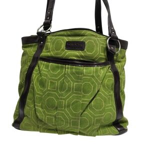 Kailo Chic Pacific Design Tote Bag Green Geometric Print‎ Brown Leather Trim
